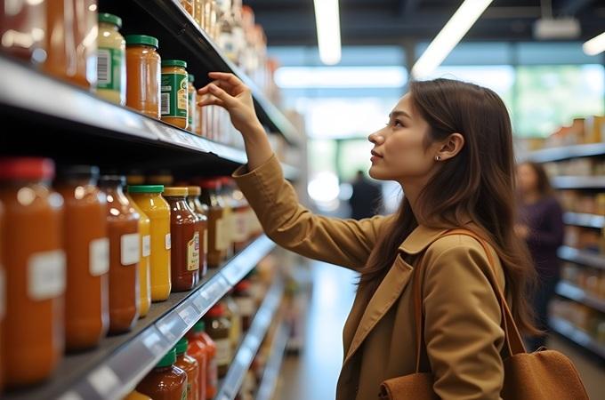 Người tiêu dùng đứng trước kệ hàng FMCG với thương hiệu được trưng bày nổi bật nhằm tăng nhận diện thương hiệu tại điểm bán