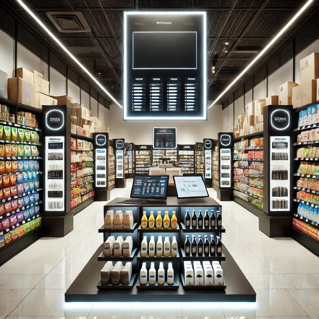 Khu vực trưng bày FMCG nổi bật tại siêu thị với POSM và quà tặng khuyến mãi thu hút người mua dừng lại.
